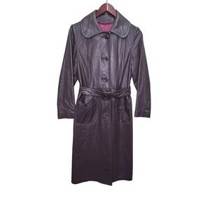 Vintage 70s Jeno du Paris Brown Leather Trench Coat Size Small Made in Canada